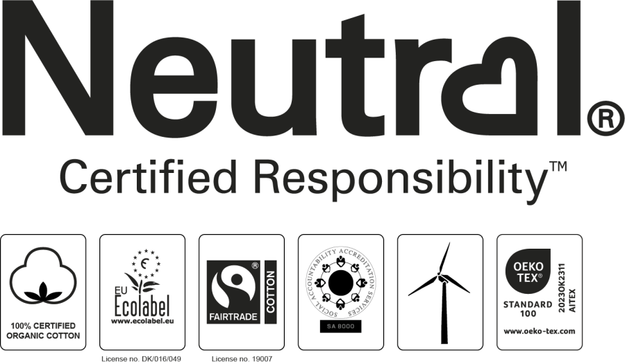 Neutral – Certified Responsibility, mit den Siegeln 100 % zertifizierte Bio-Baumwolle, EU Ecolabel, Fairtrade Cotton, SA 8000, Windenergie und OEKO-TEX Standard 100